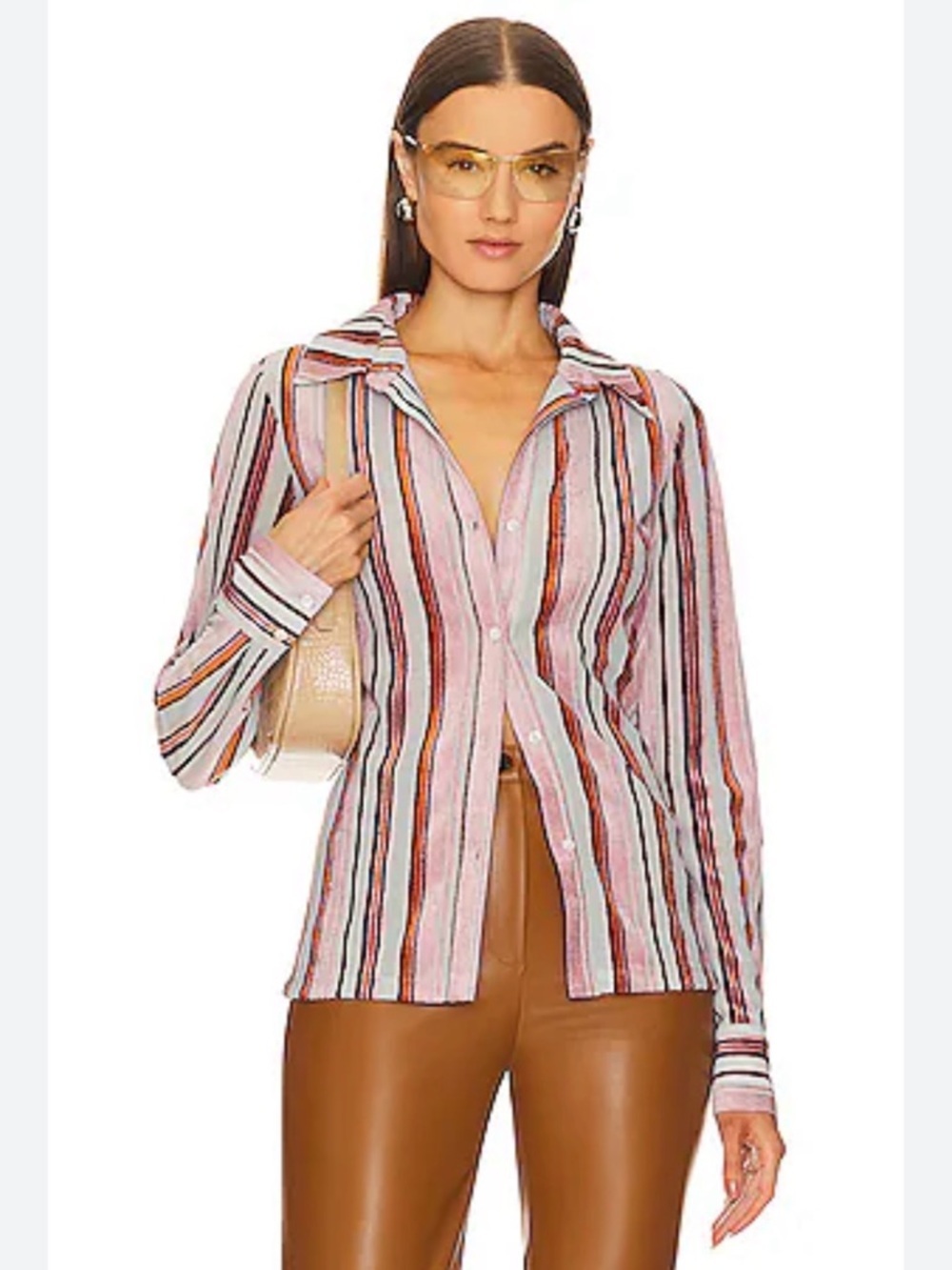 RtA / Revolve Velvet Stripe Button Up Shirt Pink Orange Navy Size Large NWT